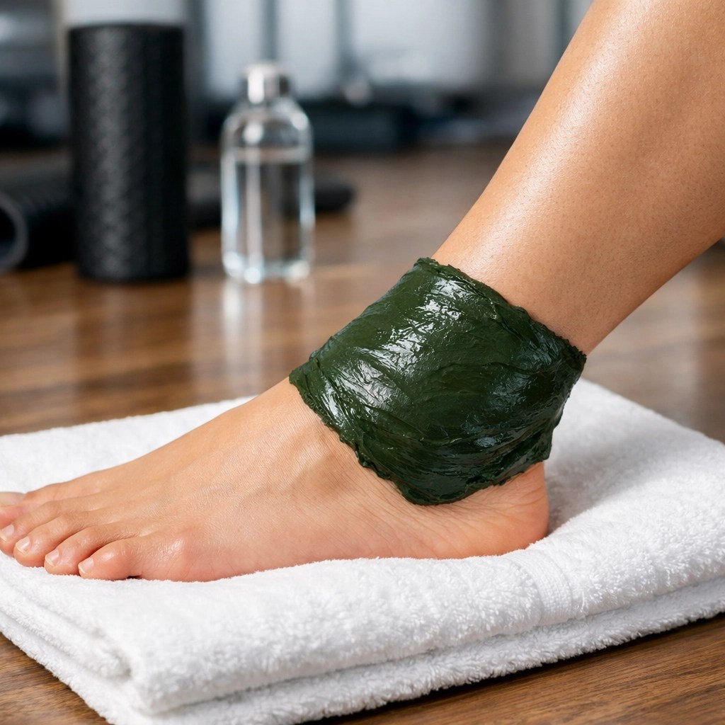 Green clay poultice on an ankle for athlete recovery and chronic inflammation management.