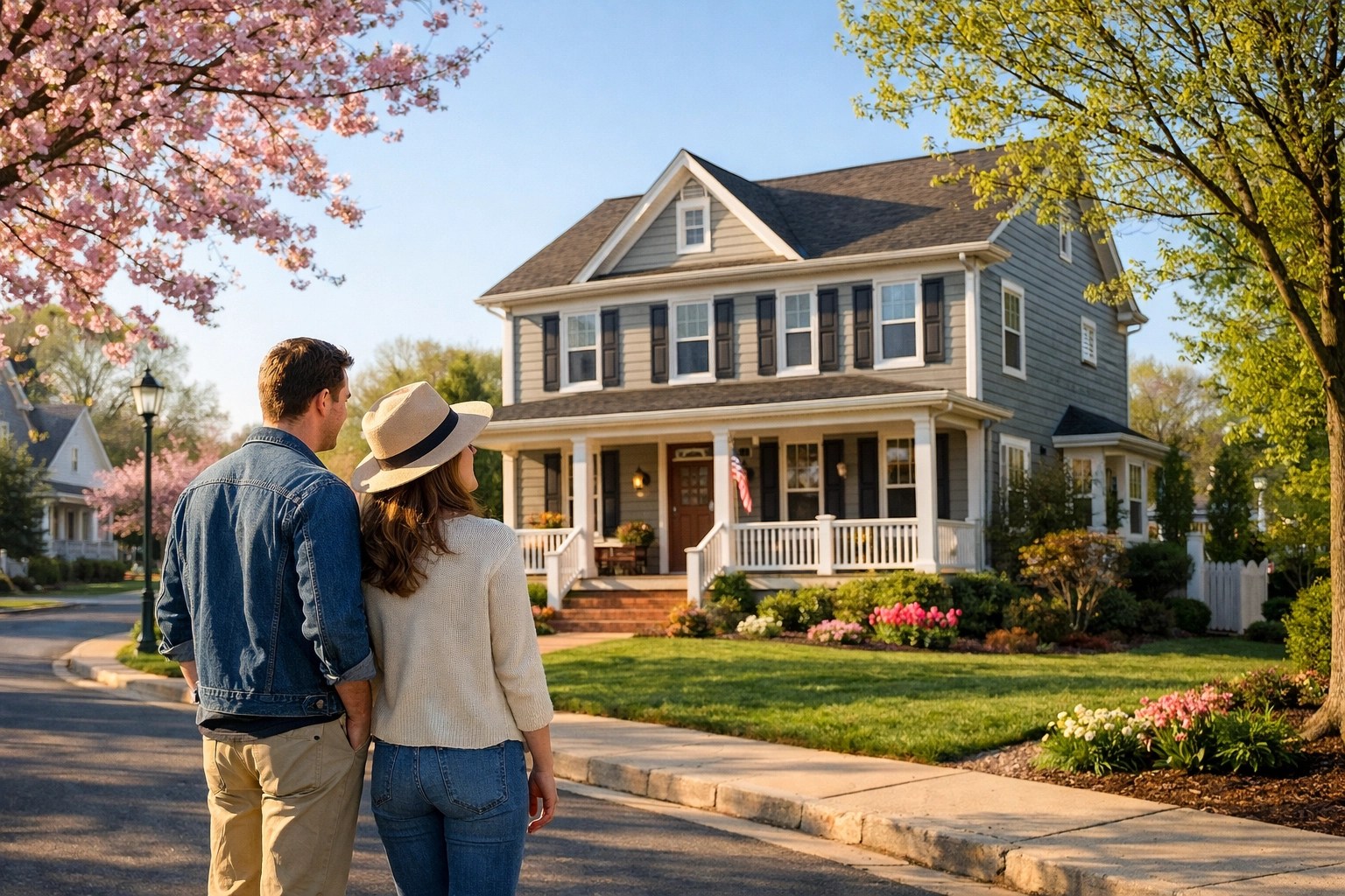 A relaxed couple viewing a suburban home in Harford County, Maryland during the 2026 spring real estate market.