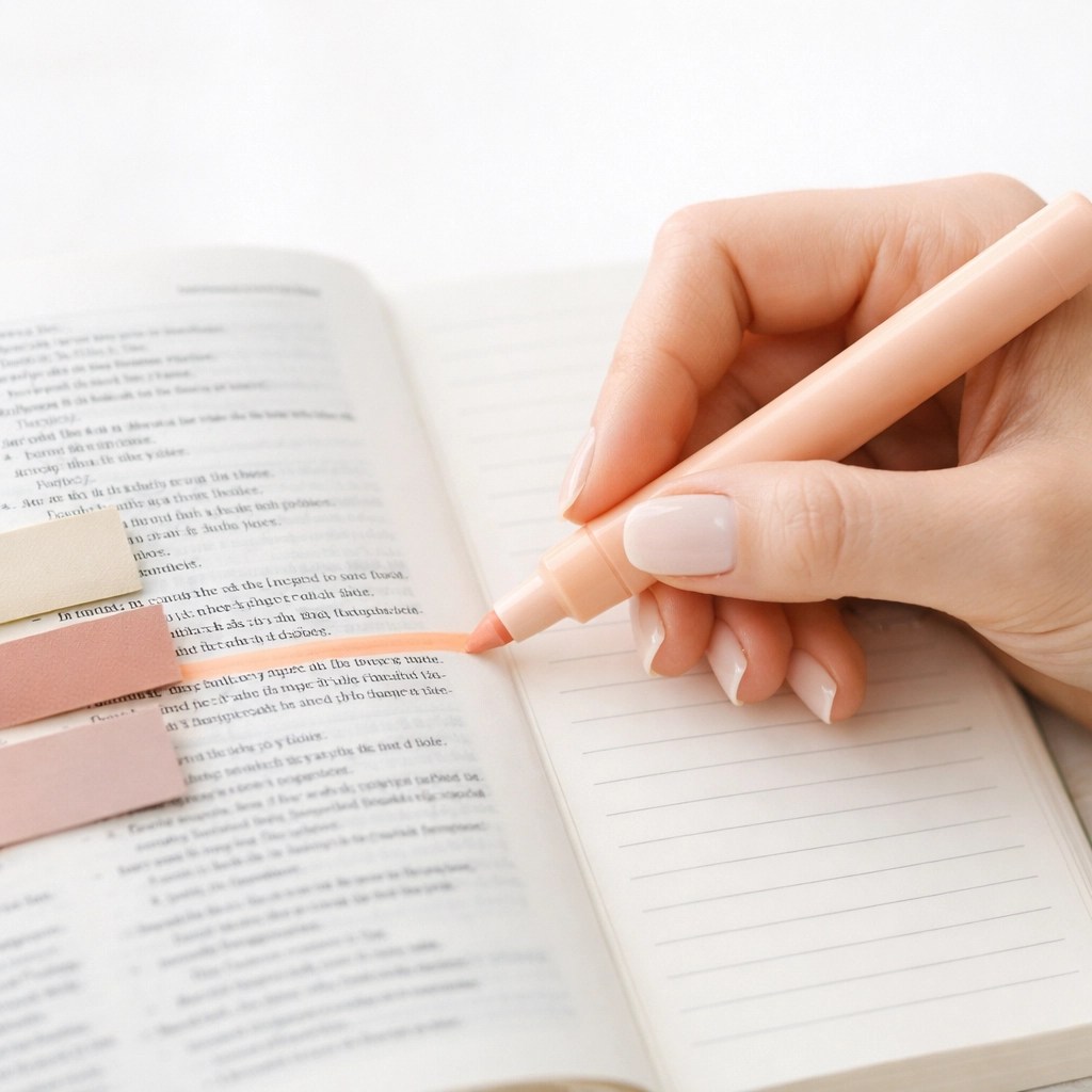 Woman highlighting a journaling Bible with pastel markers, practicing active verse mapping and scripture study.