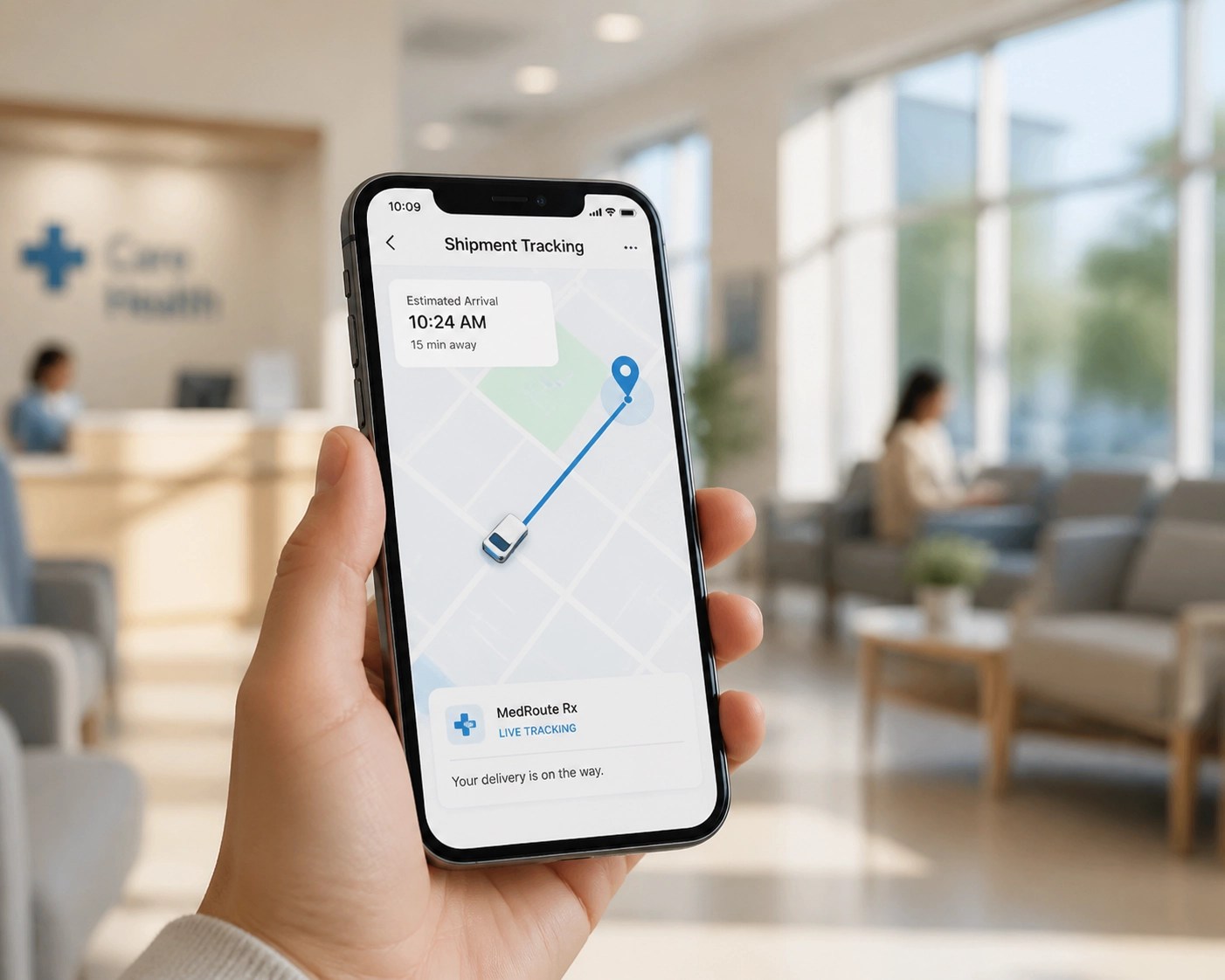 Sleek smartphone displaying real-time GPS tracking for a scheduled medical ride arrival.