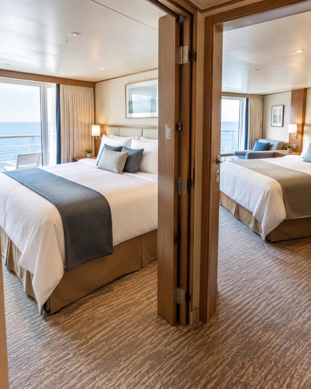 Two connecting cruise staterooms with an interior doorway and warm, comfortable furnishings