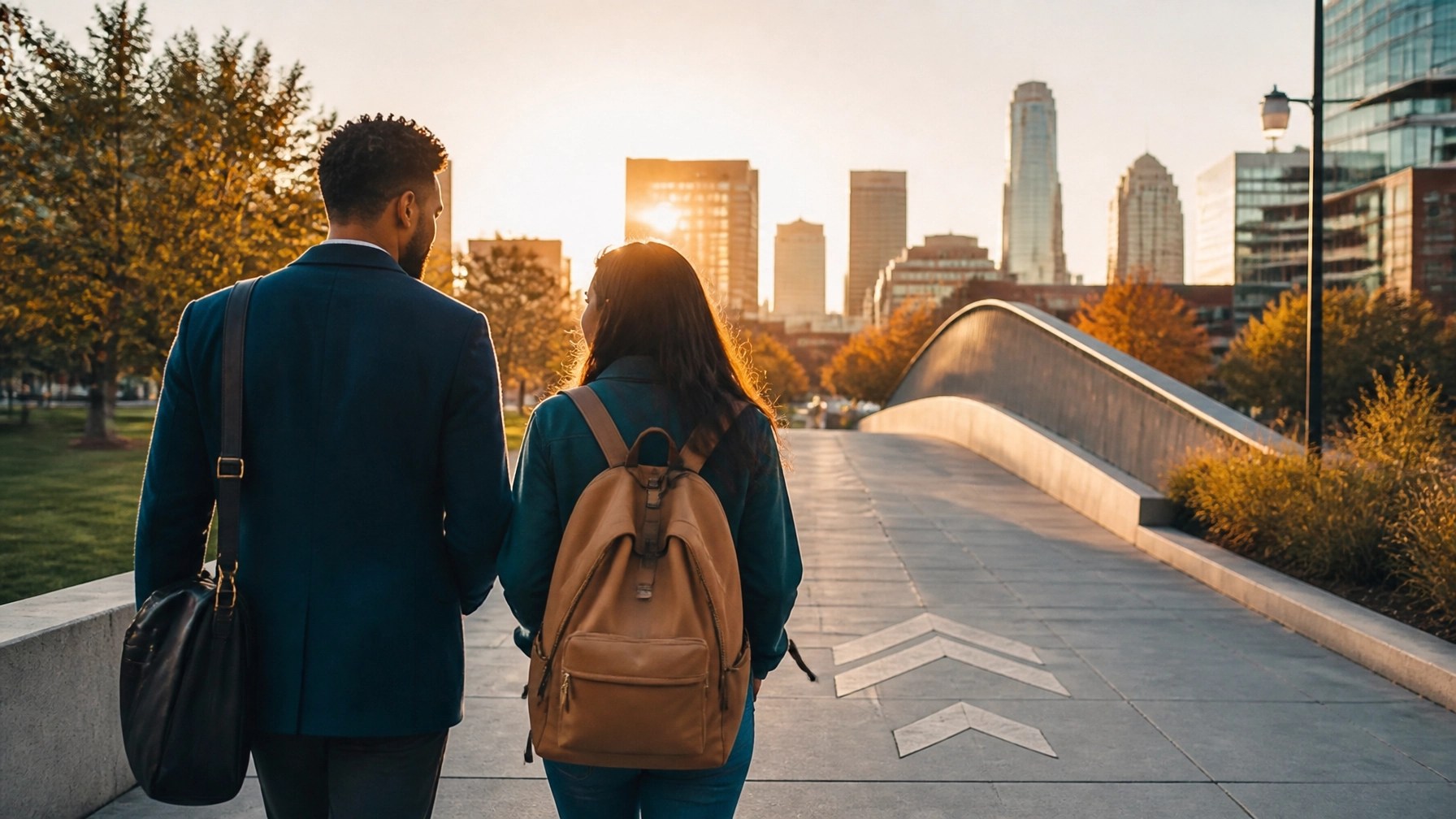 An adult learner and a younger student walk together along a sunlit pathway toward a city skyline, representing continued career growth