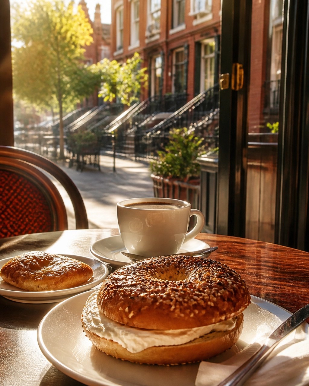 New York bagel, coffee, and pastry arranged on a bright neighborhood cafe table