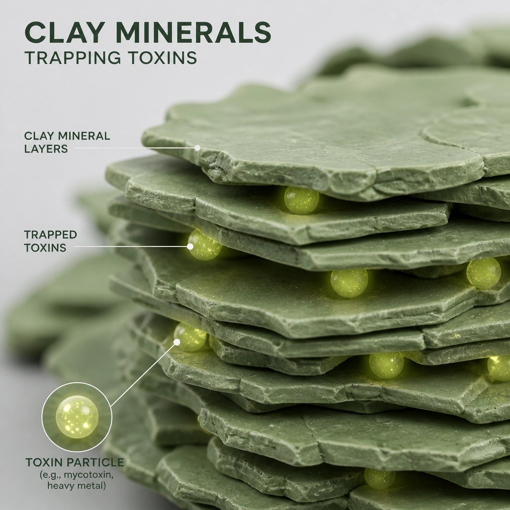 A clean, minimalist 3D graphic showing a microscopic view of green clay minerals trapping toxins.