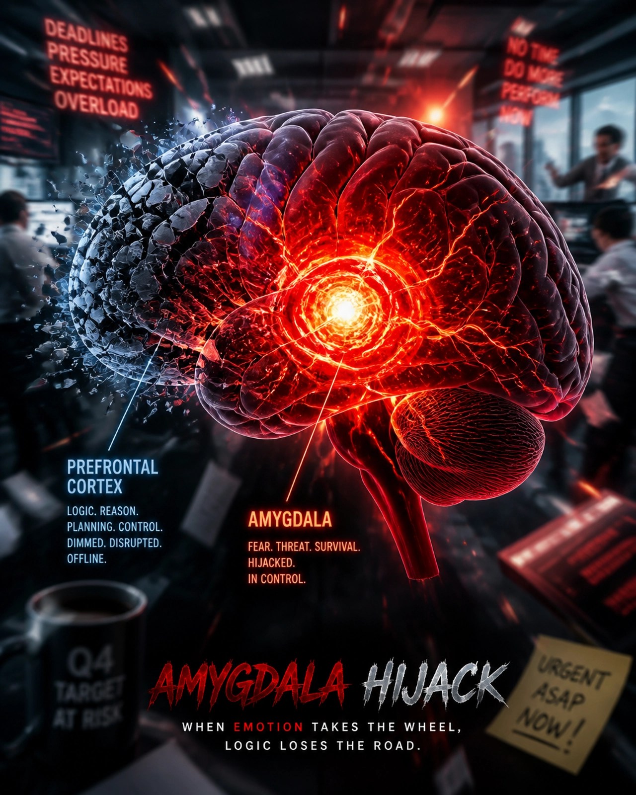 An abstract artistic representation of the amygdala hijack, showing a brain with a glowing red chaotic center and a dimmed front section, set against a blurred corporate office background.