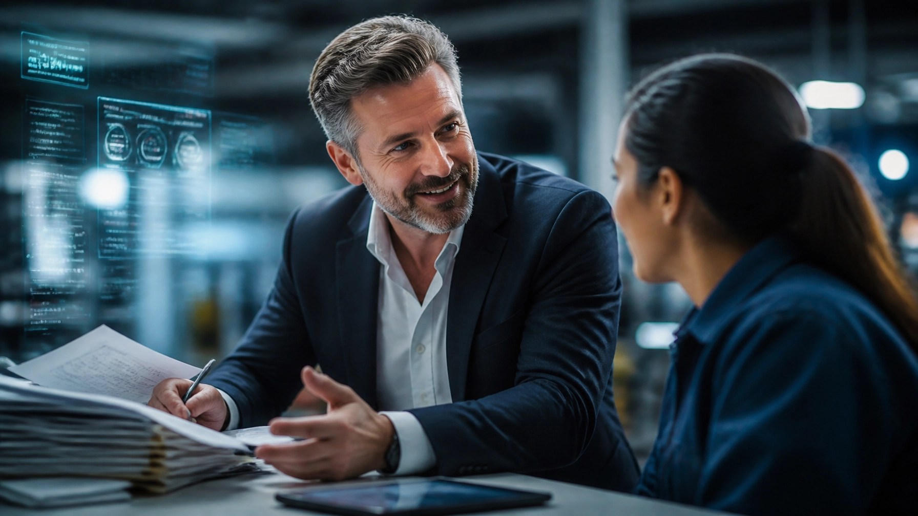 A cinematic people-before-paperwork visual showing an executive setting aside paperwork to engage directly with a frontline employee while holographic dashboards fade into the background.