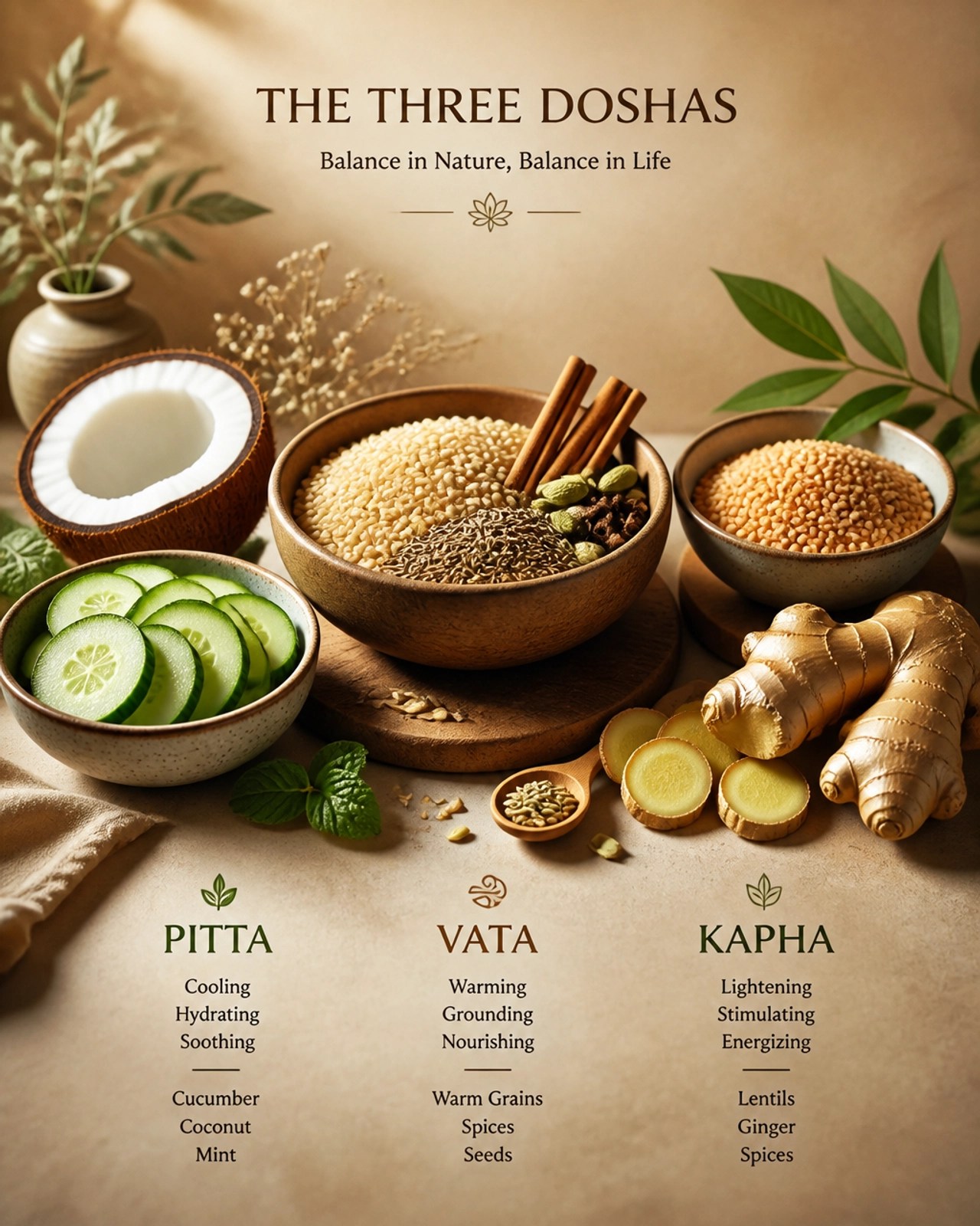 A composition of natural ingredients representing Vata, Pitta, and Kapha doshas