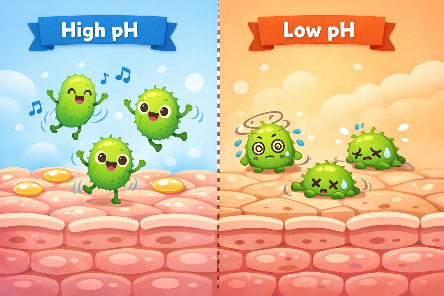 Illustration showing how mandelic acid in natural deodorant for sensitive skin lowers pH to inhibit bacteria.