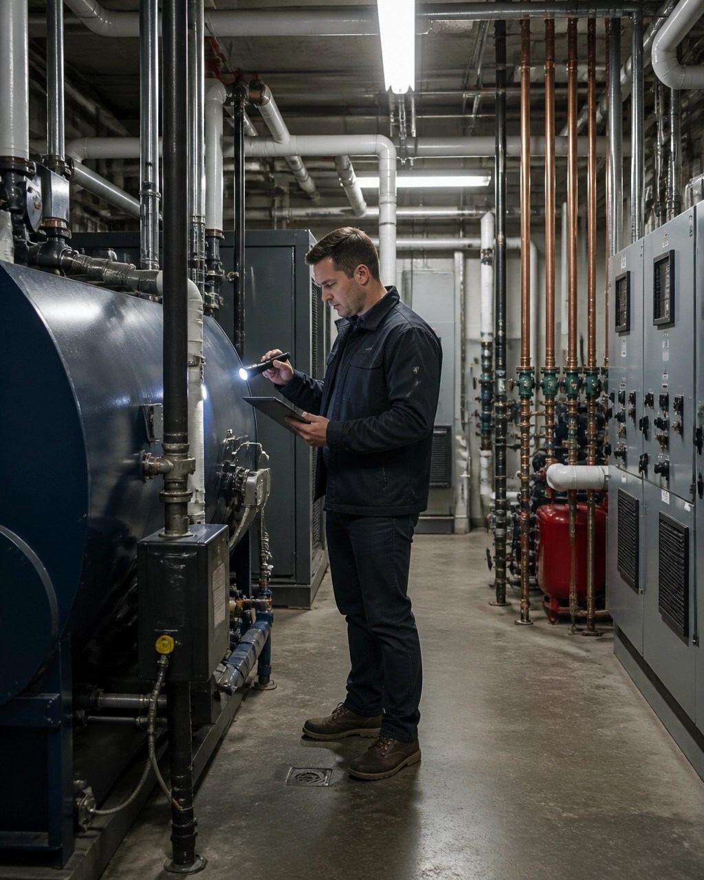 Engineer inspecting boiler, pumps, domestic water risers, and electrical systems in a New York multifamily mechanical room