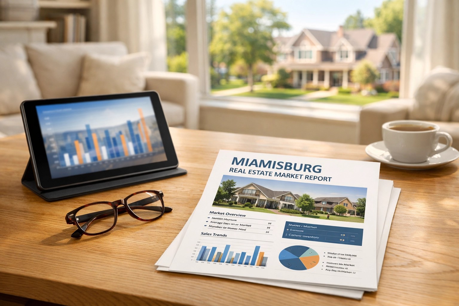 Detailed real estate market analysis report for homes for sale in Miamisburg on a modern office desk.