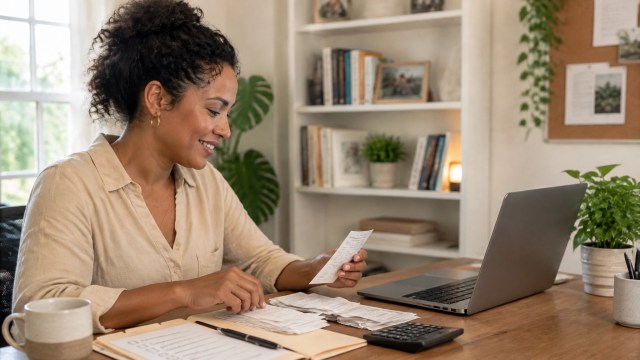 A bookkeeper sorts receipts beside a laptop and an organized checklist