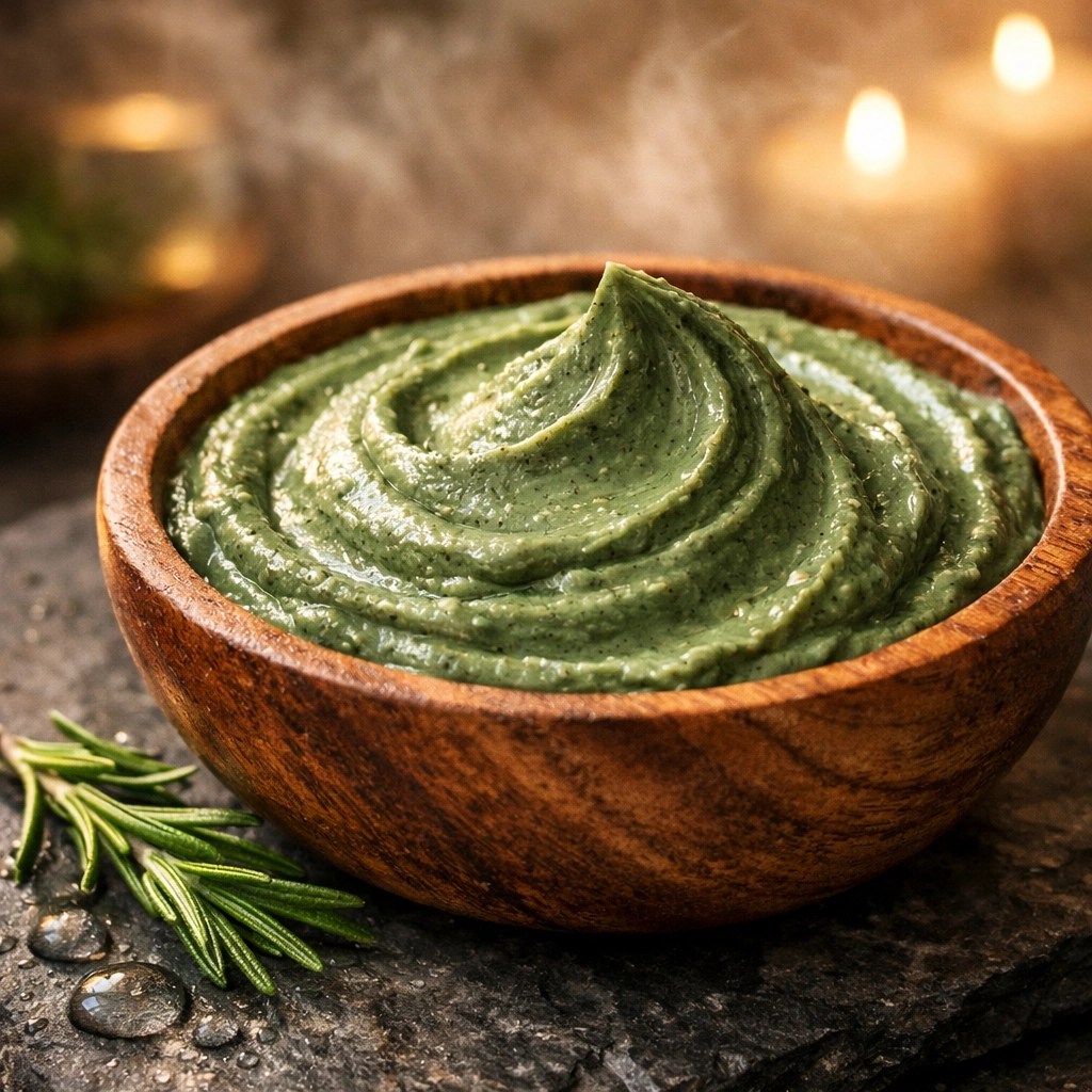 Natural green clay hair mask in a wooden bowl with rosemary for scalp detox and hair care.