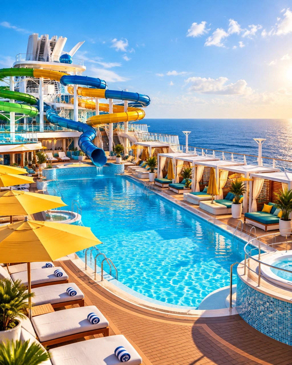 Pristine cruise ship top deck with water slides, pool, and ocean horizon, without people