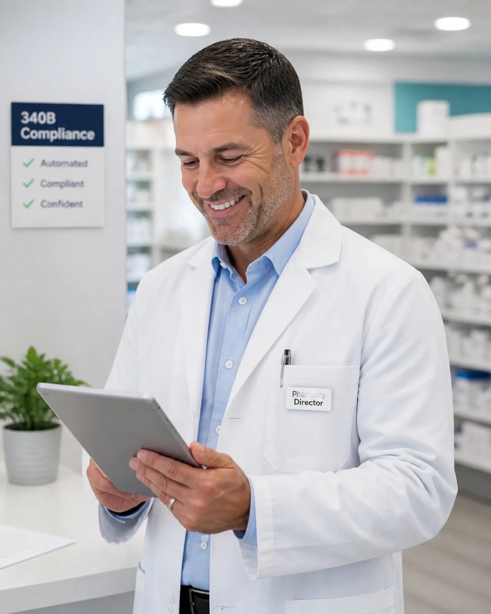 Pharmacy director reviewing 340B compliance data on a tablet