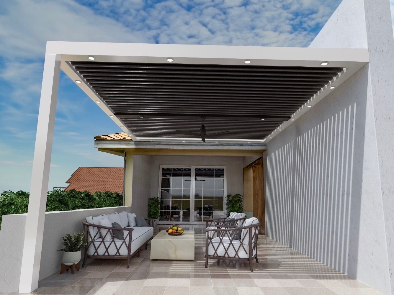 Modern louvered roof patio with integrated LED lighting, ceiling fan, comfortable lounge seating, and poolside views
