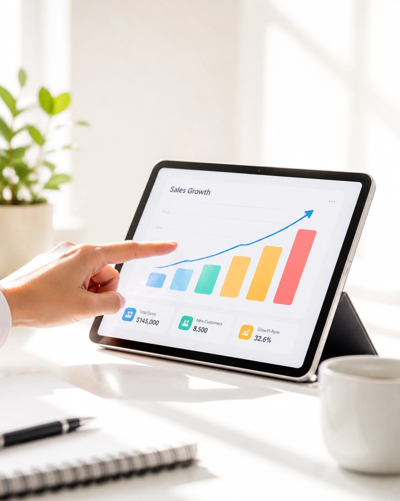 A hand pointing at a tablet showing a bright and colorful growth chart.