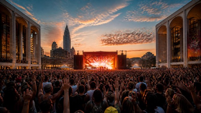 A massive crowd with hands raised gathers at a grand public plaza for an evening concert, framed by striking modernist architecture.