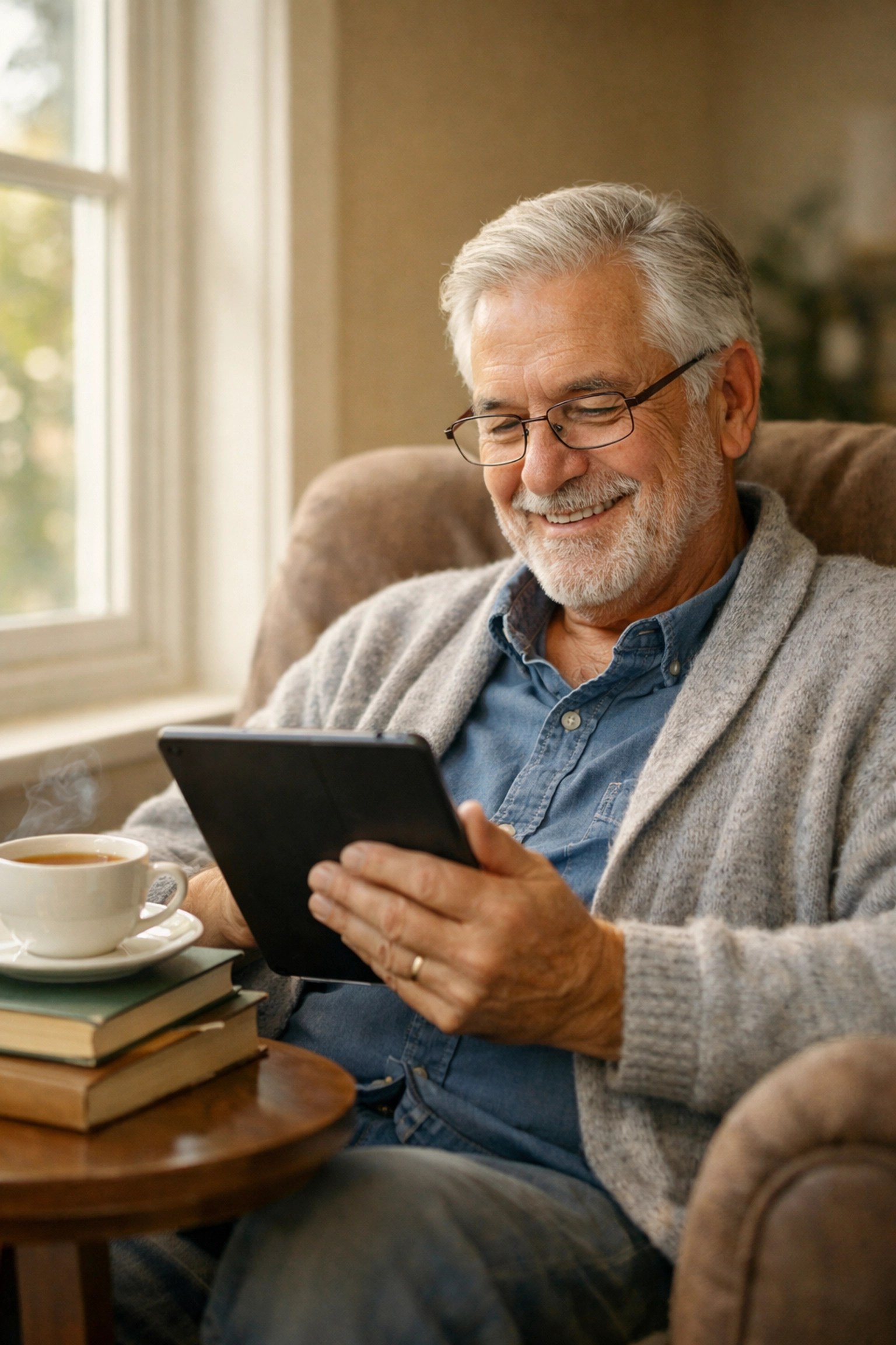 Relaxed retiree with guaranteed lifetime income enjoying financial security in retirement