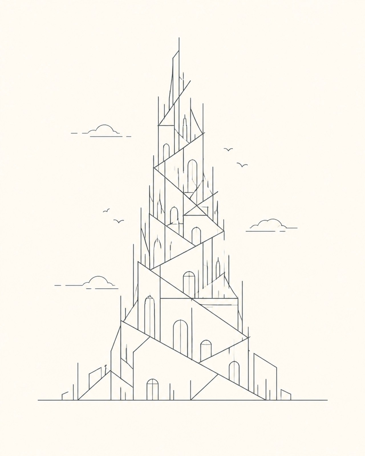 Abstract geometric representation of the Tower of Babel.
