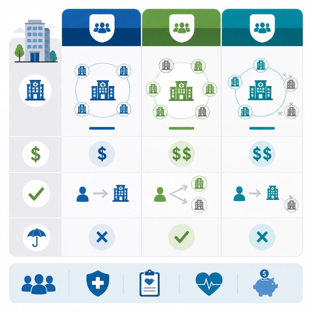 Infographic style illustration showing the balance between network flexibility and cost for HMO, PPO, and EPO plans.