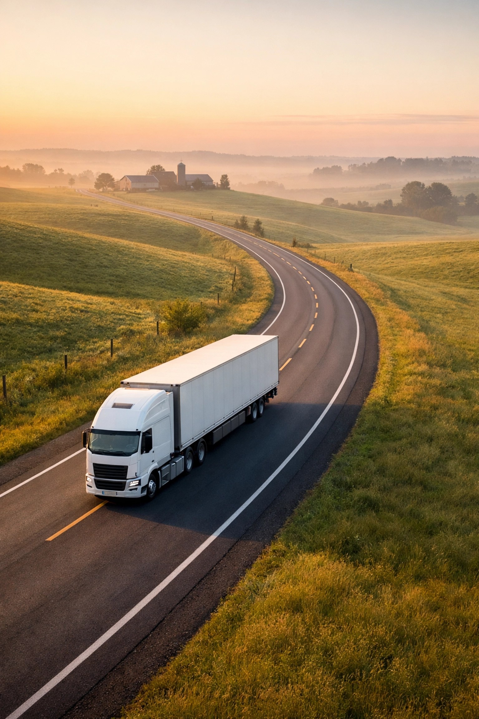 Professional medical transport vehicle driving on a long rural road through green hills at dawn.