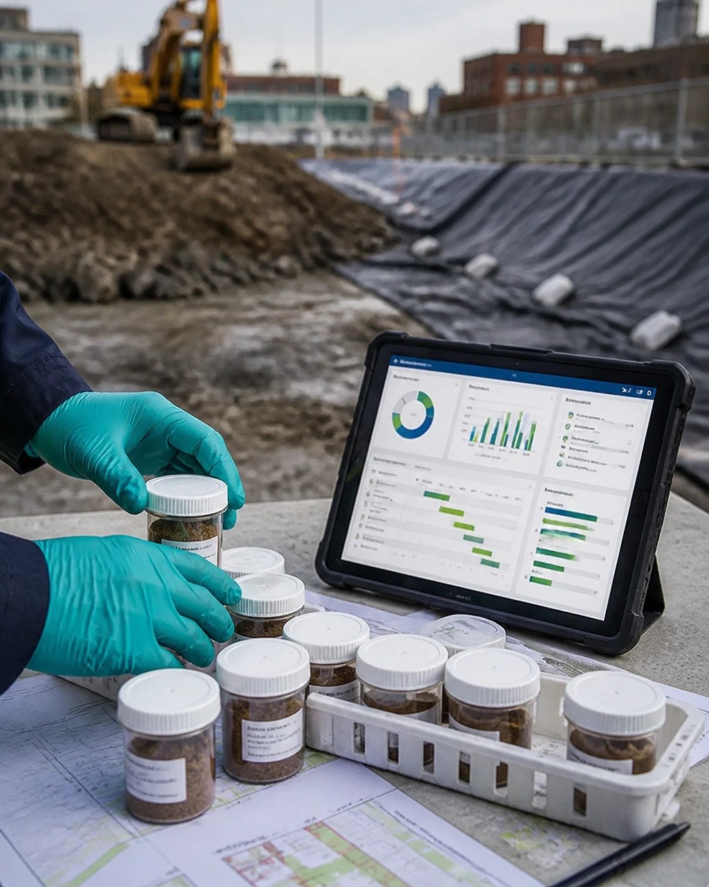 AI-generated NYC remediation site showing organized clean-fill placement and engineered soil-cap construction