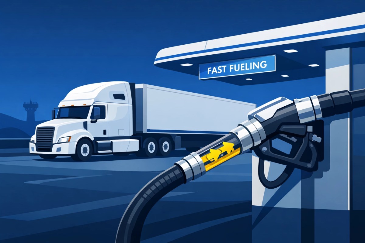 Semi-truck at a professional DEF refueling station using a secure closed delivery system.