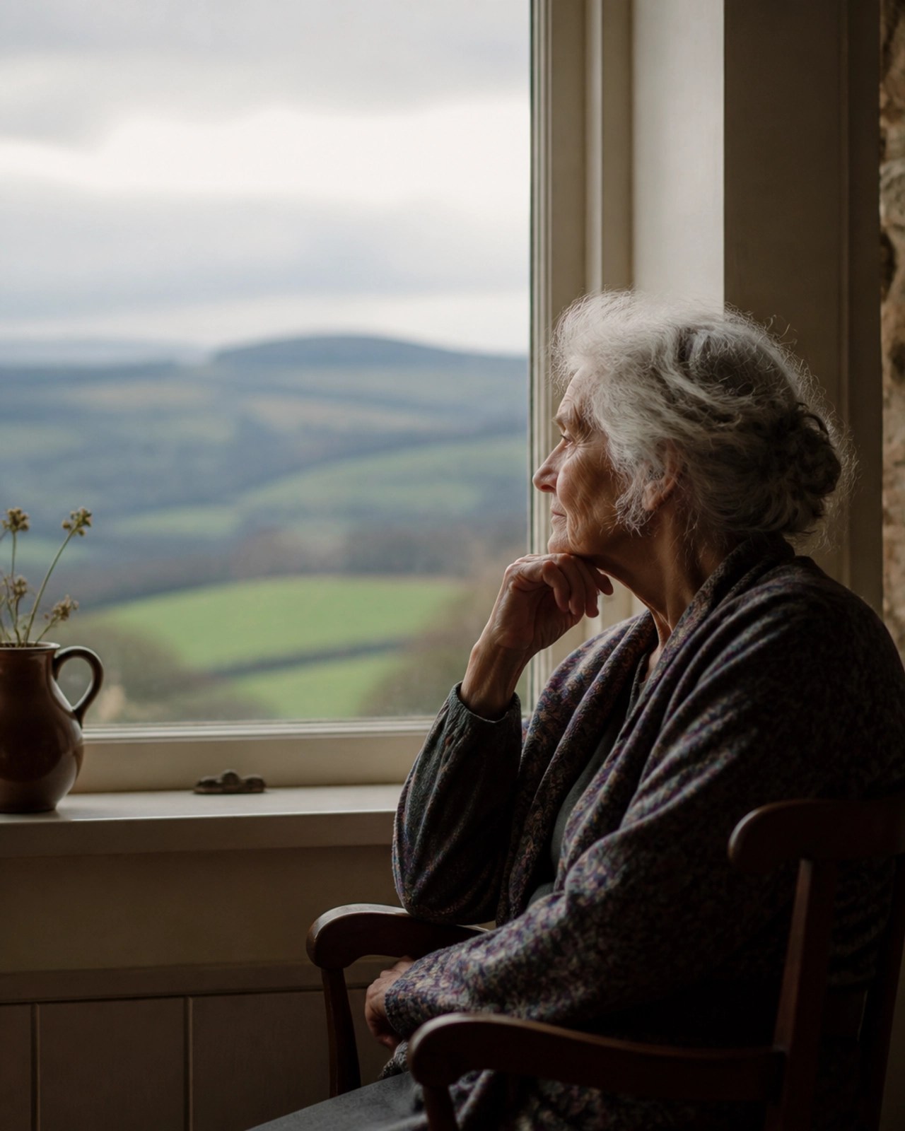 An elderly woman looking out at a rural landscape