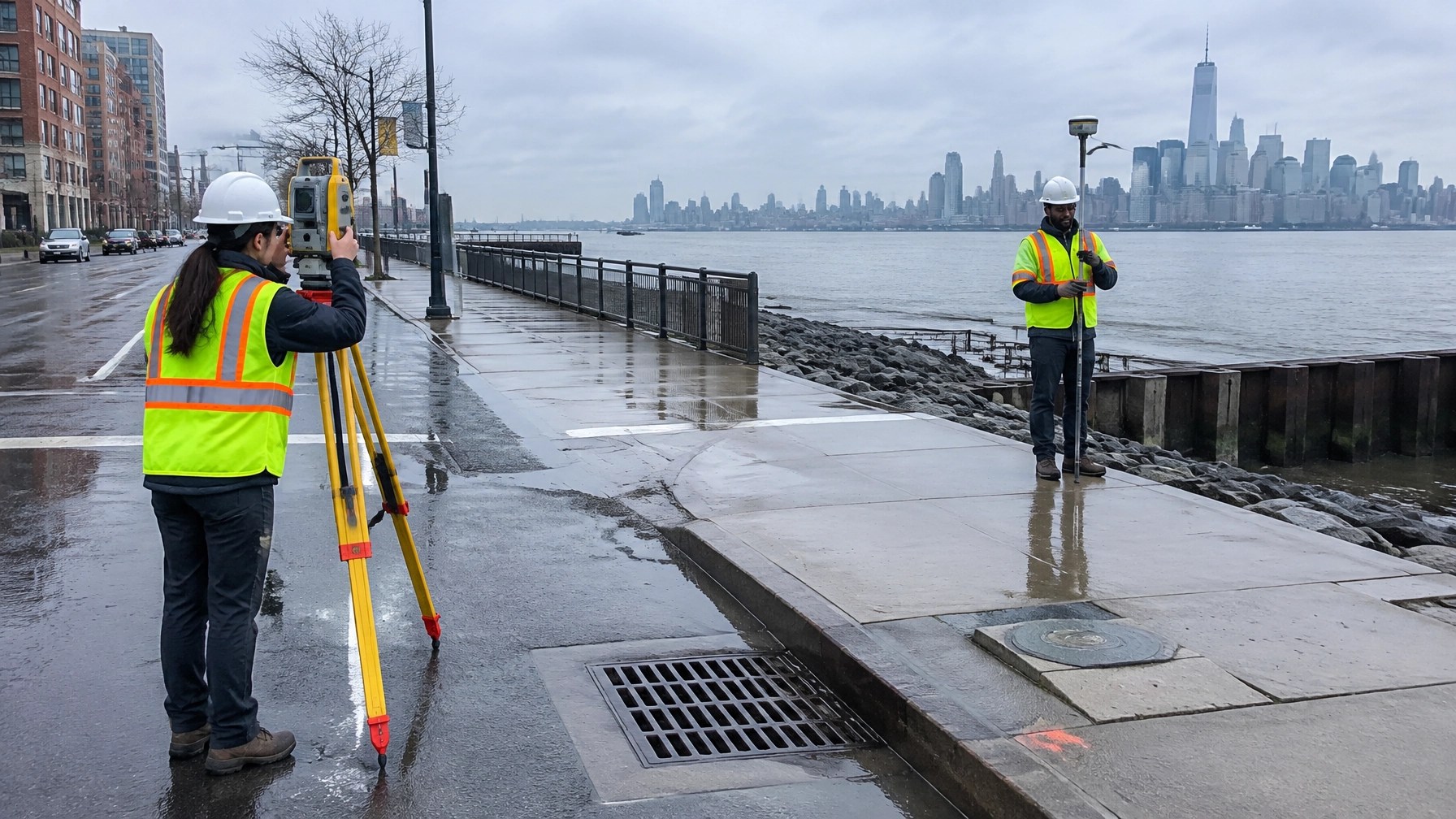 Survey crew collecting precise elevation data near a New Jersey waterfront drainage system