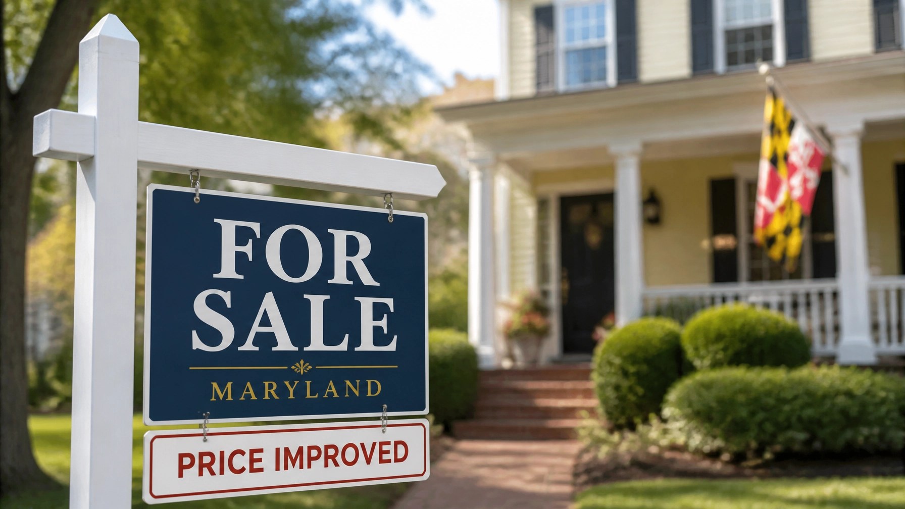 A For Sale sign with a Price Improved rider in a Maryland neighborhood