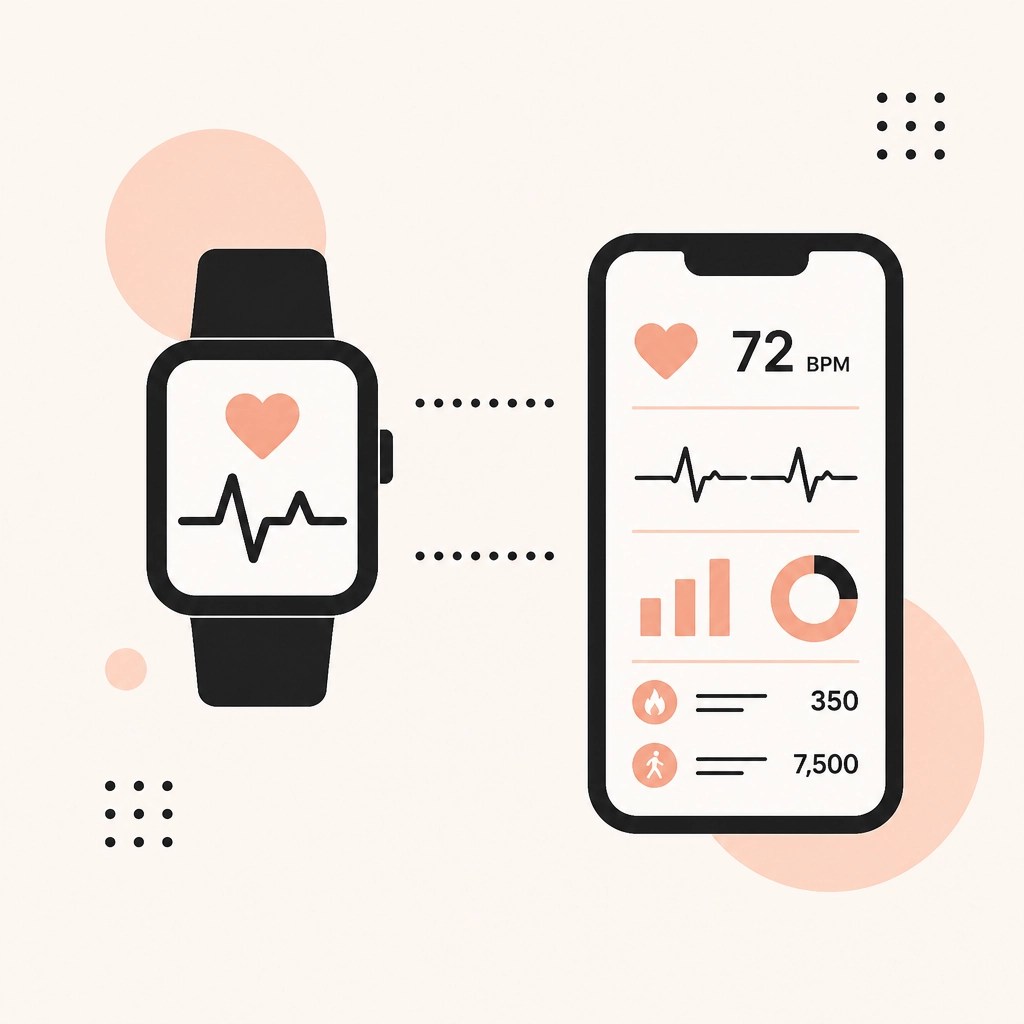 Minimalist illustration of a smartwatch and digital health data tracking