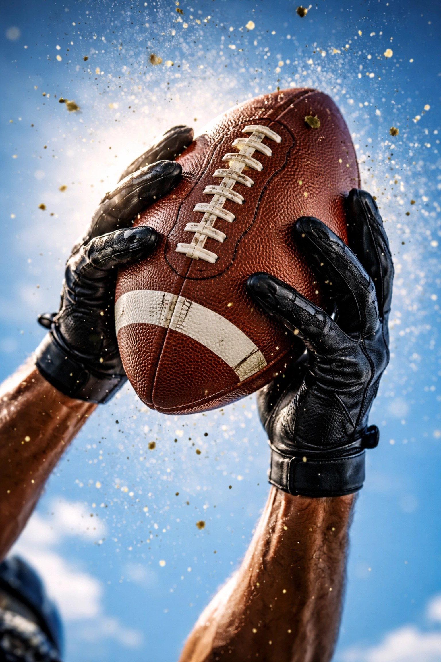 Close-up of football being caught mid-air by gloved hands, showcasing elite football training and athletic skill development
