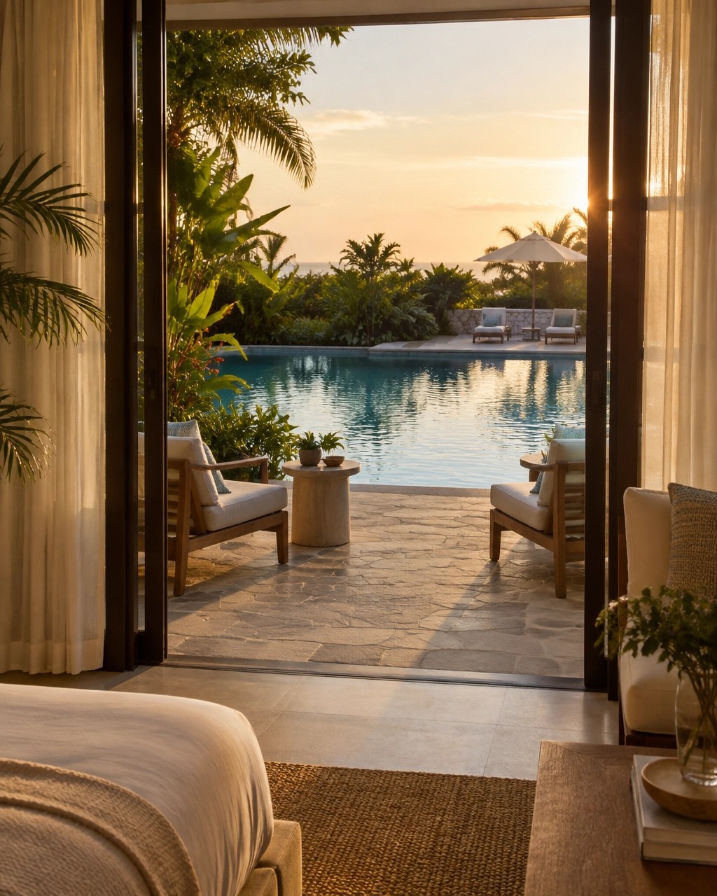 View from an elegant, empty suite through open doors to a patio and shared pool