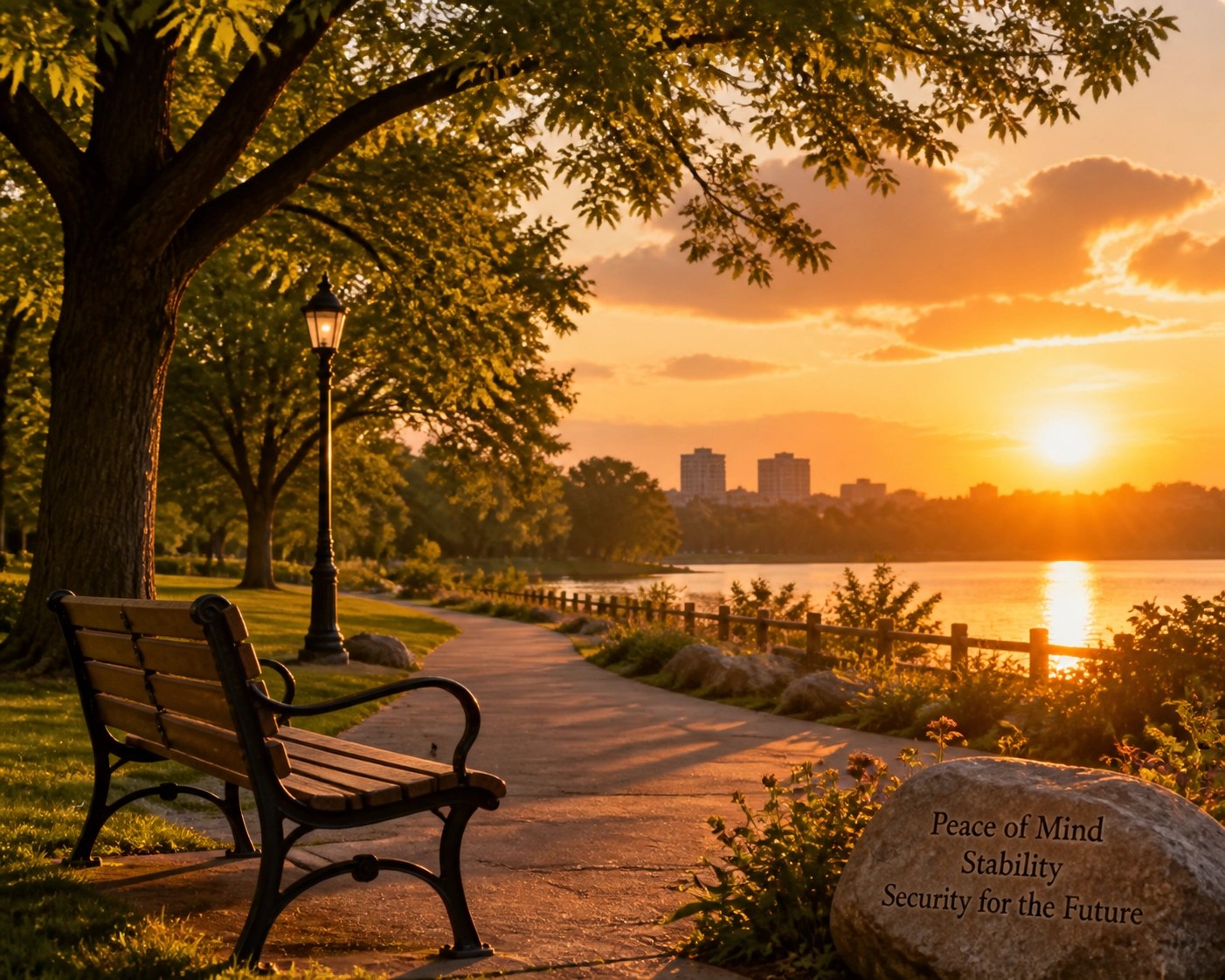 A serene park at sunset with golden hour light filtering through trees, symbolizing peace of mind, stability, and security for the future