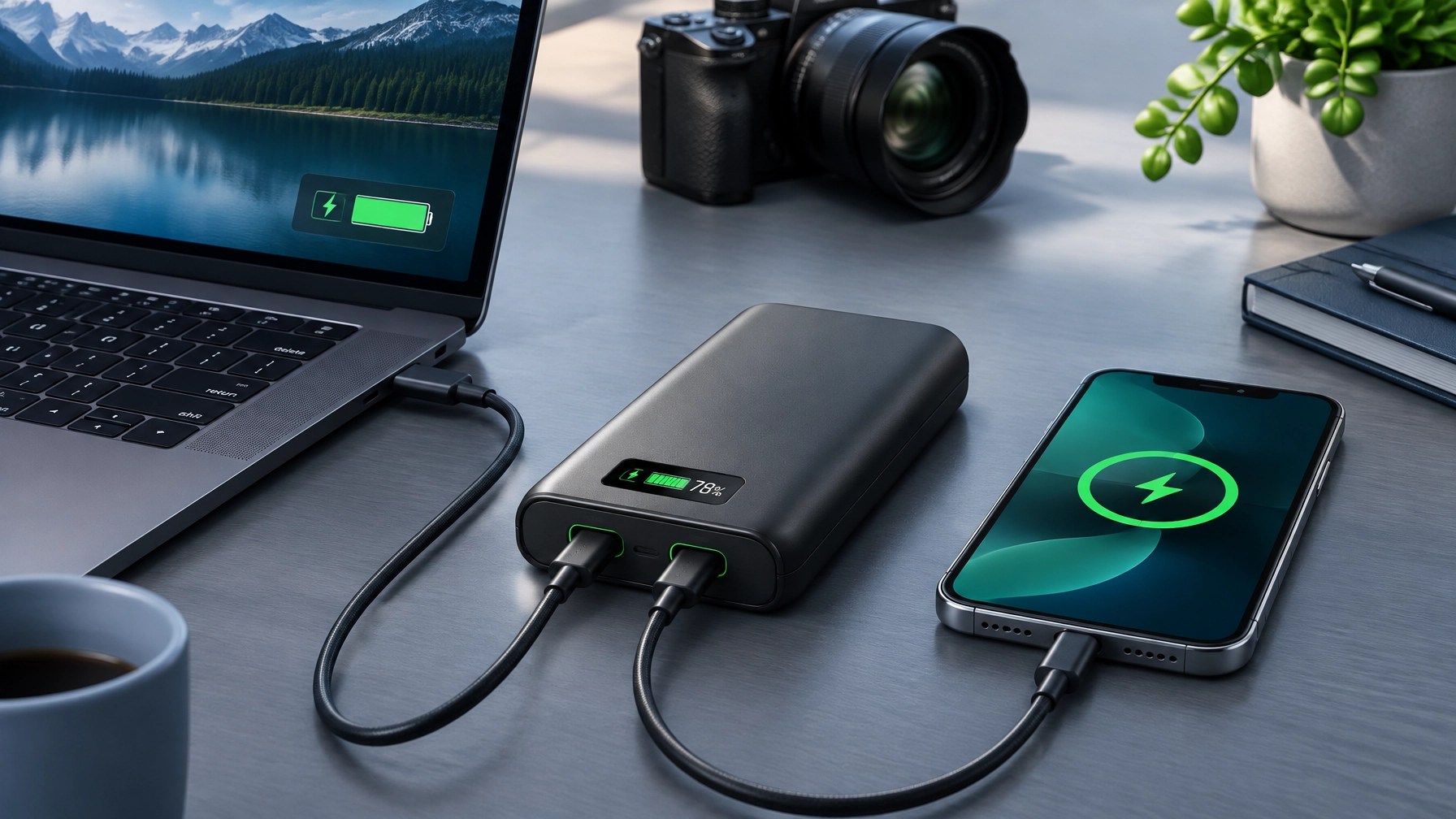 A high-capacity power bank charging a laptop and phone on a remote-work desk