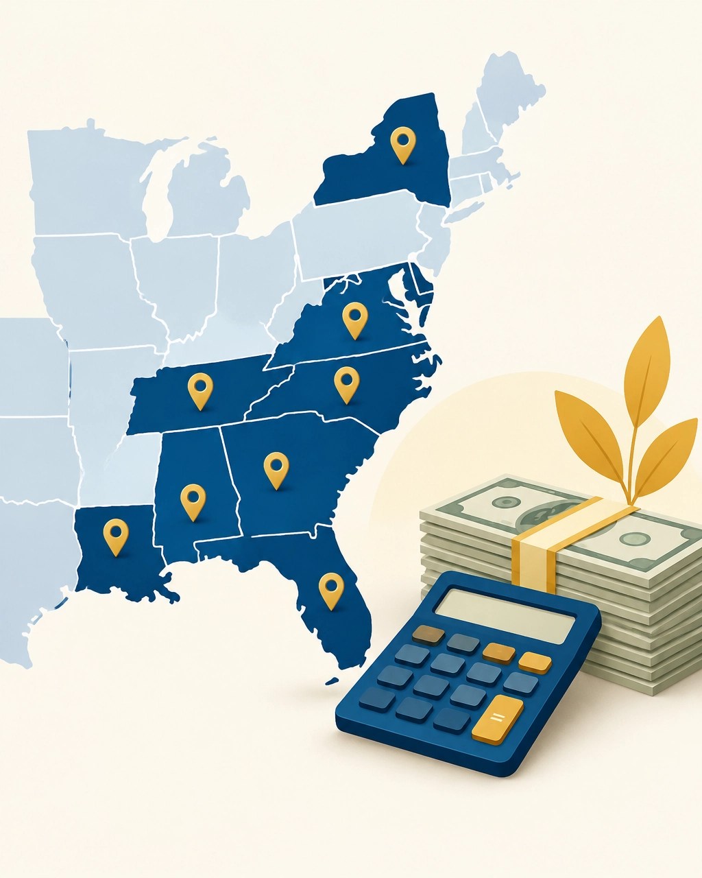 Editorial illustration of state-by-state funeral planning costs with a calculator and map