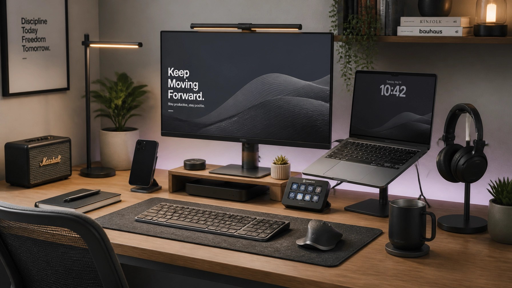 Premium home office gear and tech gadgets neatly arranged on a minimalist desk