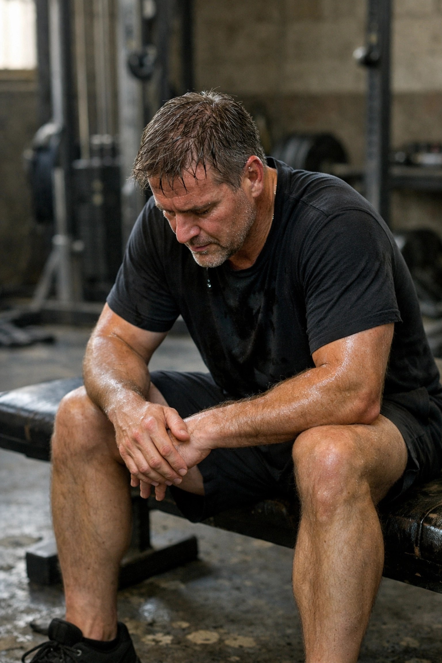 An athlete resting after intense face pull sets in a gym, highlighting the effort required for better posture.