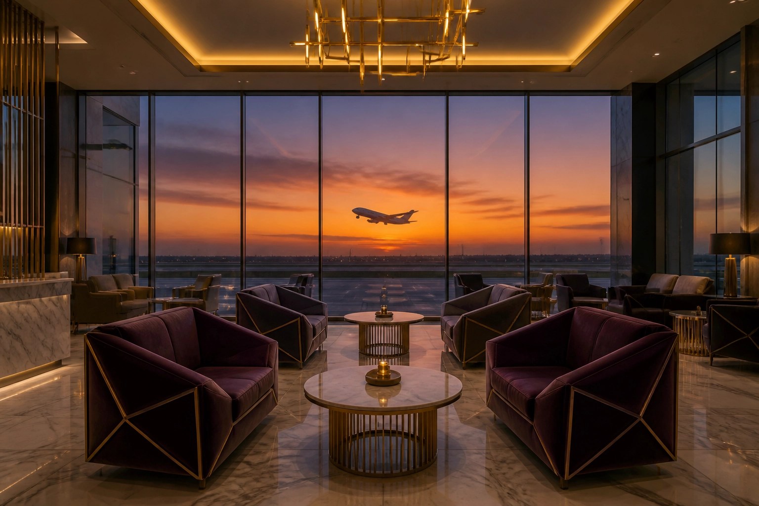 Luxury airport lounge sanctuary with runway views at sunset and modern designer furniture.