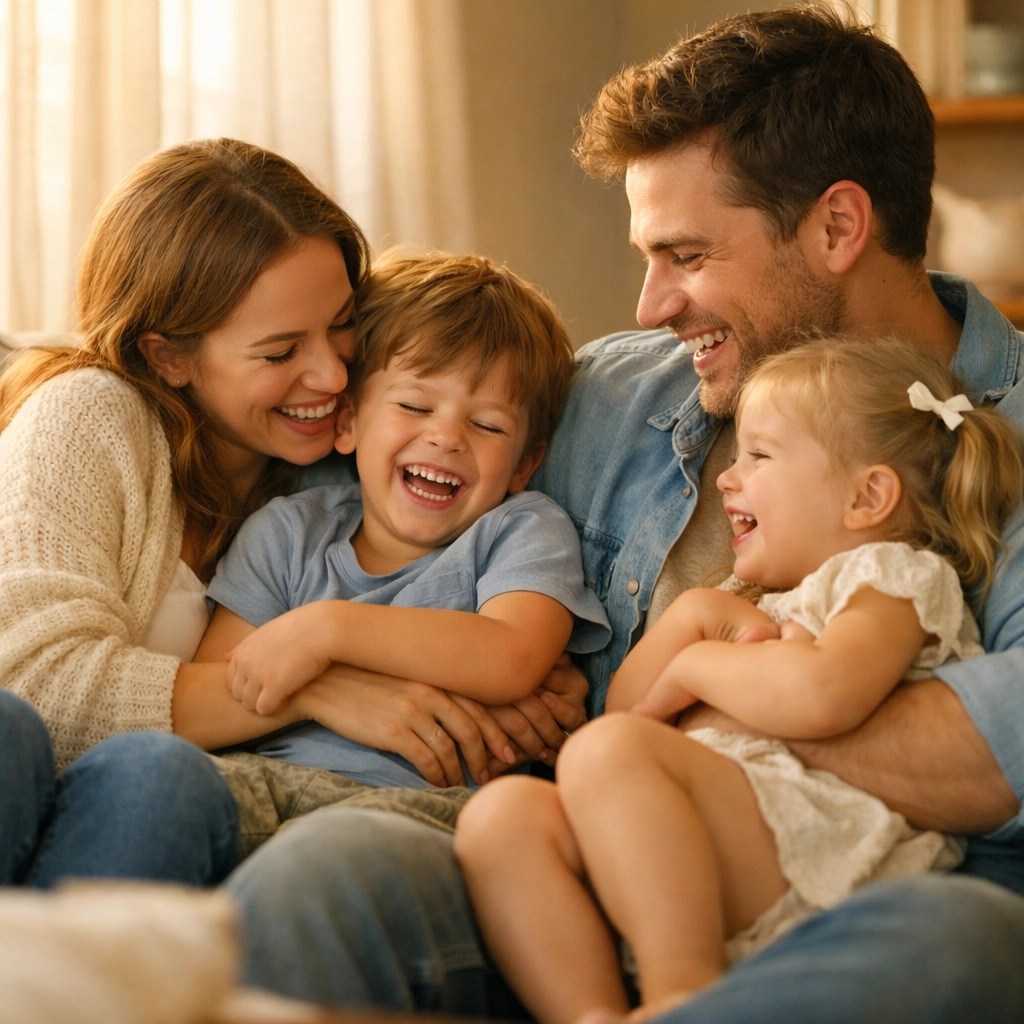 Happy family embracing on couch representing life insurance protection and security