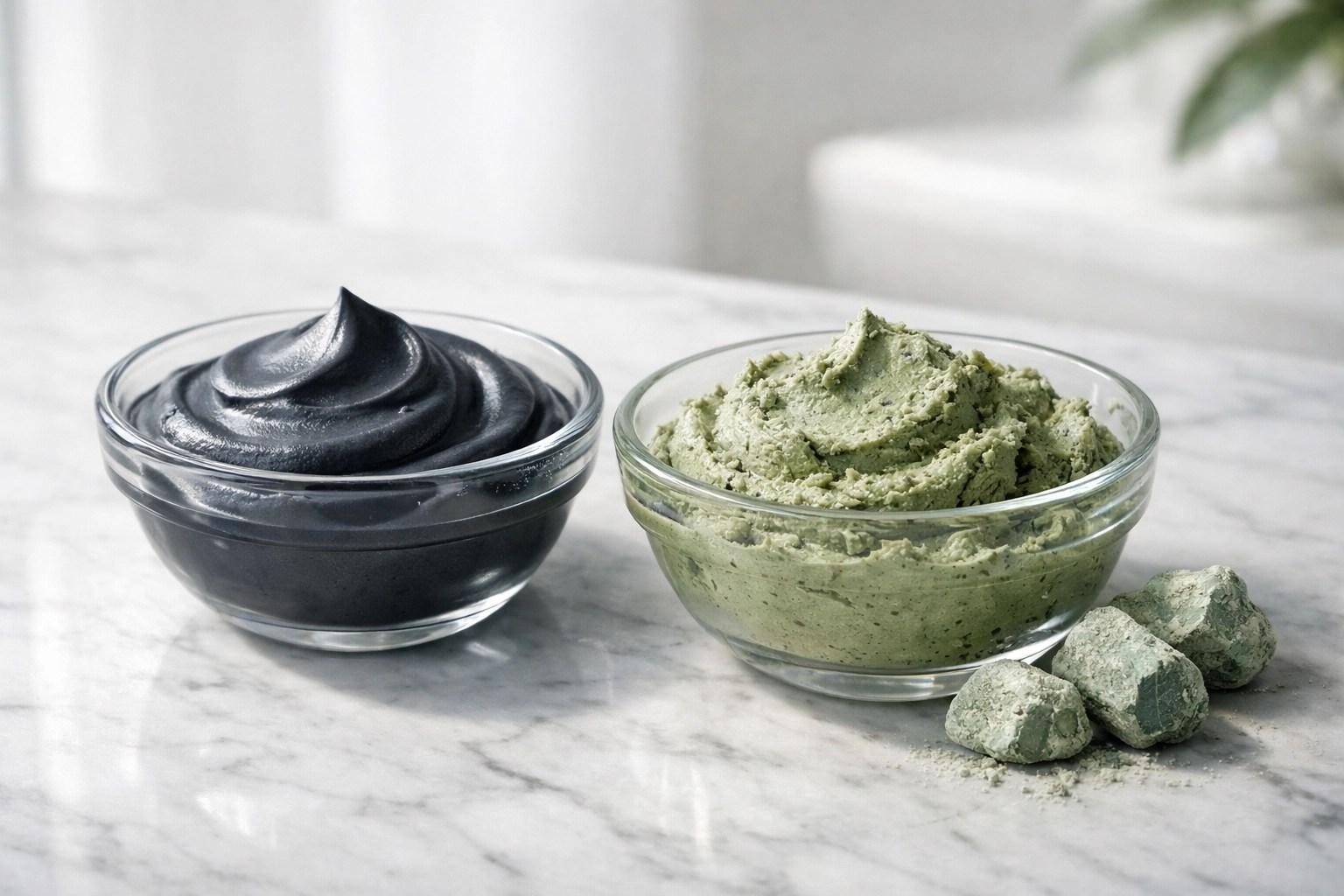 Comparison of a smooth charcoal face mask and thick, mineral-rich French green clay for natural skin detox.