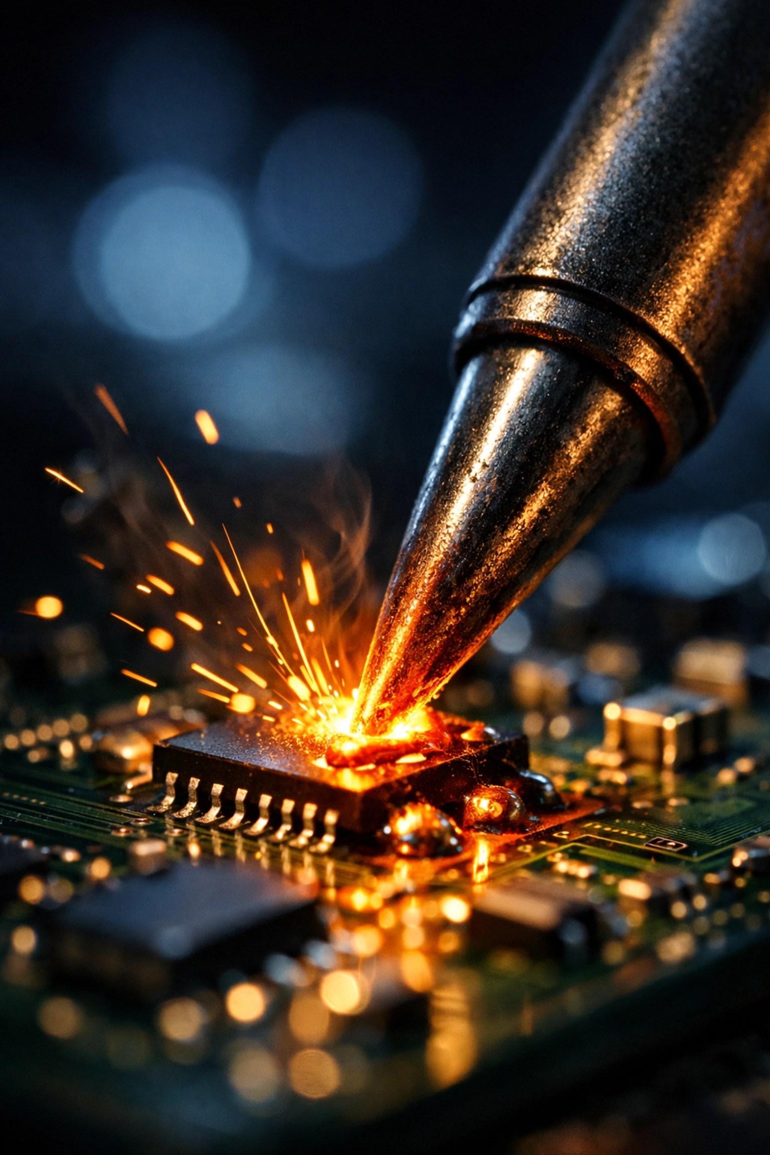 Micro-soldering a tiny chip on a motherboard, showing the precision craftsmanship of a modern repair shop.