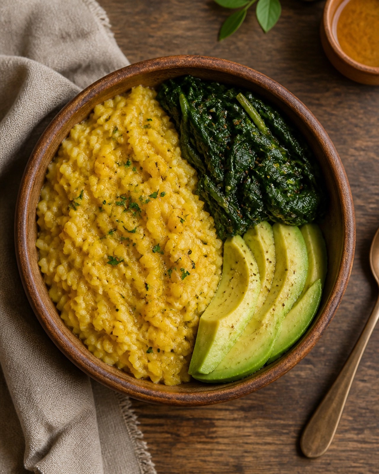A top-down view of a balanced Ayurvedic meal featuring kitchari, greens, and avocado in a clay bowl.