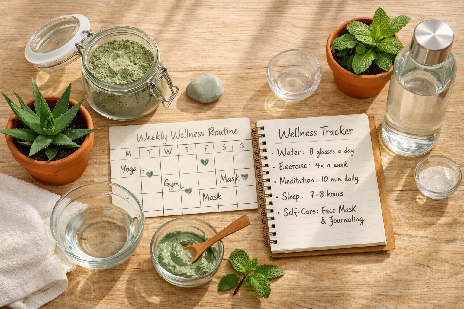 Weekly green clay detox schedule with powder jar, tracking notebook and wellness supplies