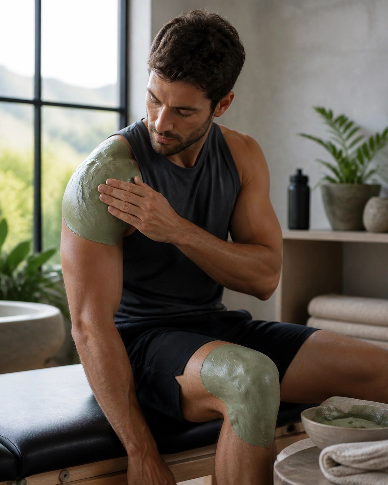 Athlete with clay on knee and shoulder resting in a recovery room