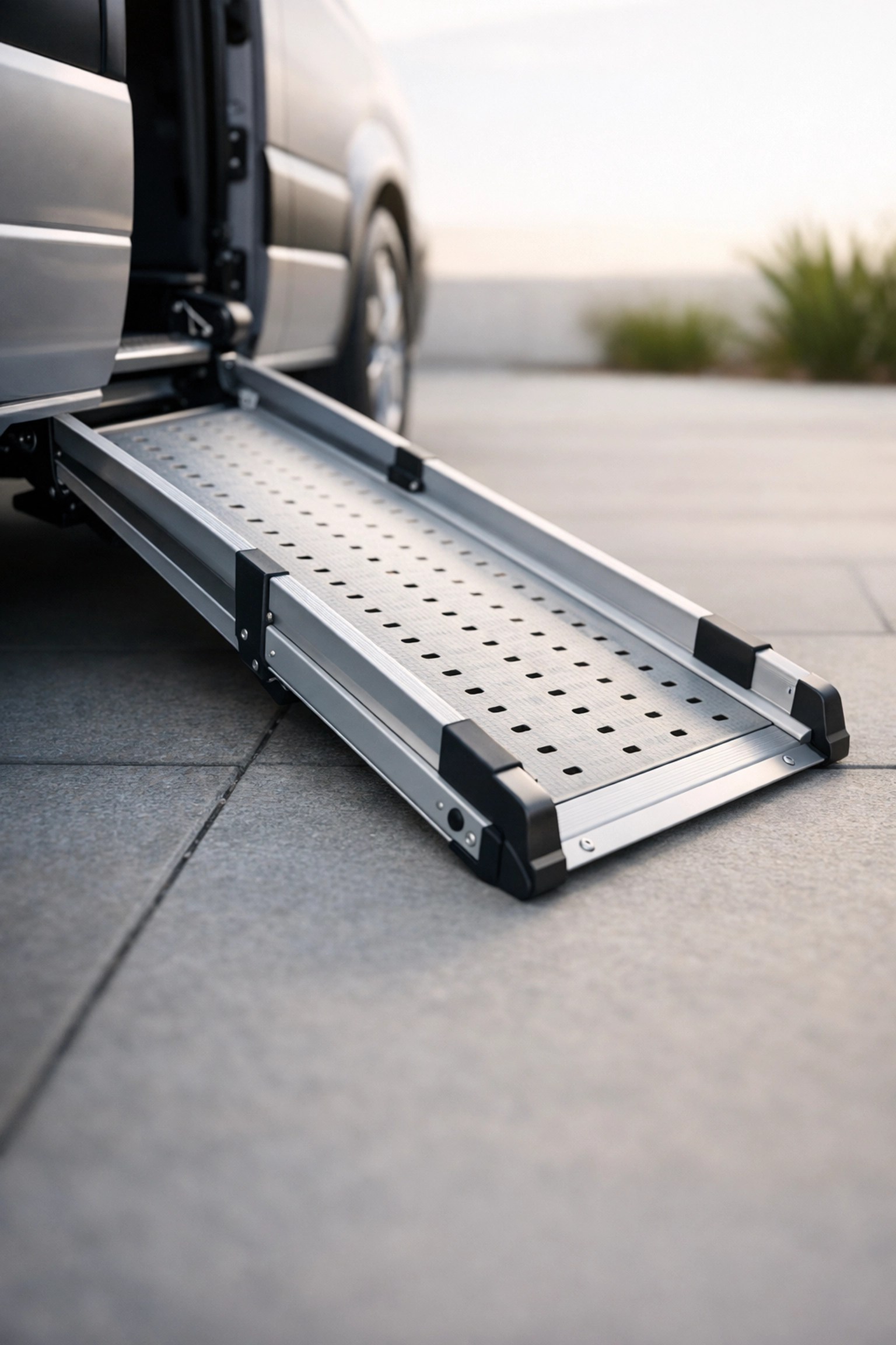 Close-up of a sturdy wheelchair ramp on a modern van for accessible medical transportation.