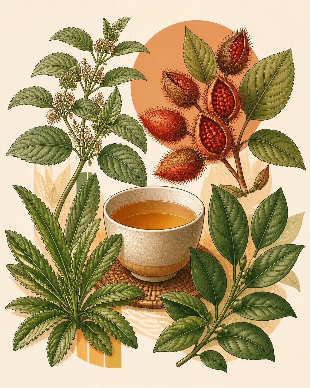 Ilustración botánica de plantas colombianas asociadas al bienestar cotidiano y a las infusiones aromáticas