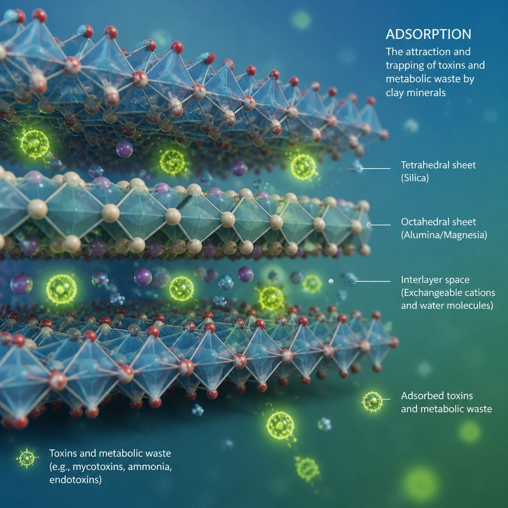 Microscopic visualization of clay particles attracting toxins