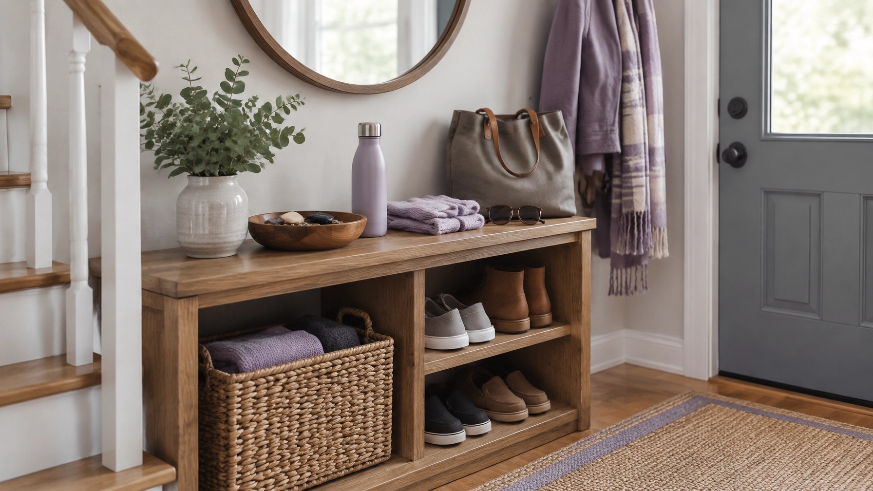 A calm, functional entryway landing zone with a modest catch-all area for everyday items