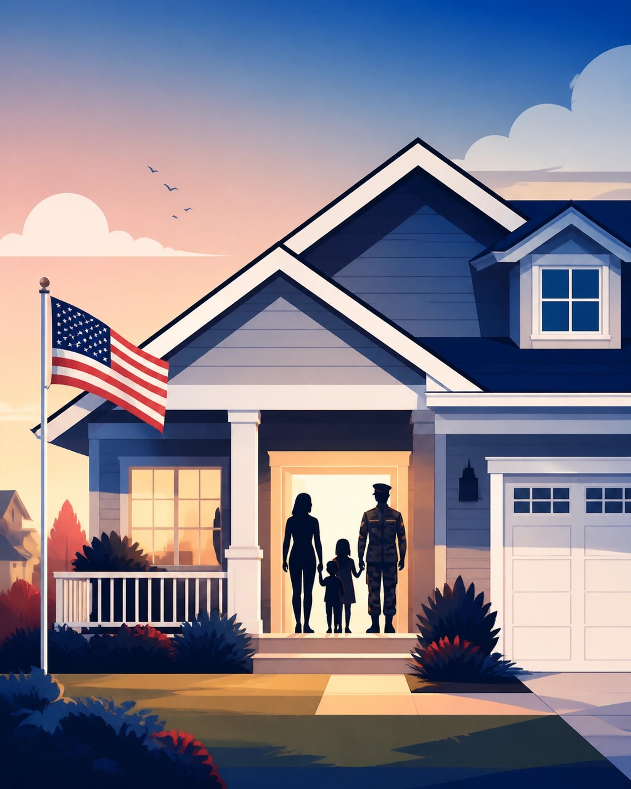 A minimalist illustration of a stylized house with a military family silhouette, representing the mission of finding a home.